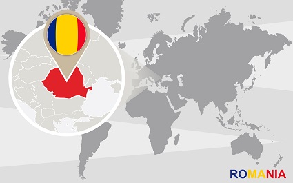 World map with magnified Romania. Romania flag and map.