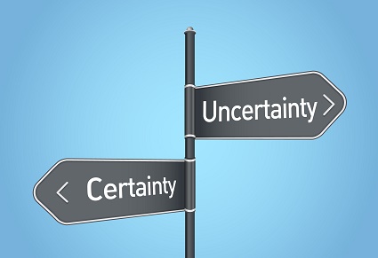 Uncertainty vs certainty choice concept road sign on blue background
